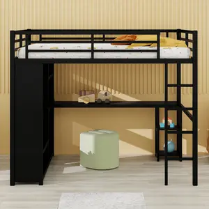Black Full Loft Bed with Wardrobe Desk & Shelves All-in-One Space-Saving Solution for Students & Professionals