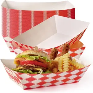 125 Pack 5 lb Paper Food Trays Heavy Duty Disposable Food Boats, Red Check, for Parties Fairs Picnics Carnivals, Hold Hamburger Snack Fries Hot Dog Grease Resistant