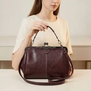 Women's PU Leather Top Handle Satchel Vintage Crossbody Bag with Kiss Lock – Elegant Shoulder Purse for Office