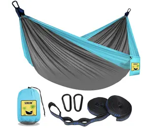 SZHLUX Camping Hammock Double & Single Portable Hammocks with 2 Tree Straps and Attached Carry Bag,Great for Outdoor,Indoor,Beach,Camping,Light Grey / Sky Blue