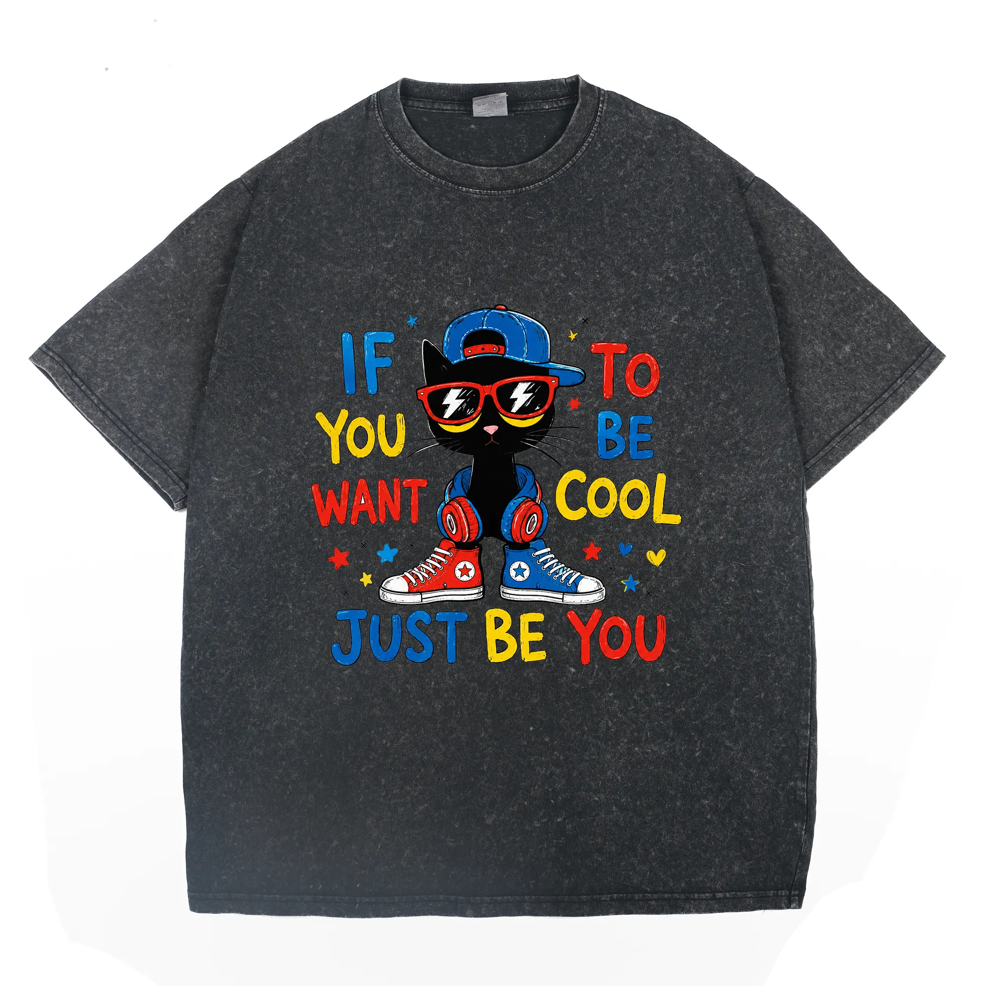 Pete The Cat Graphic Unisex Tee With Cute Cartoon Character Design, If You Want To Be Cool Just Be You Print Tshirt, Perfect Gift For Childhood Memories Crewneck Short Sleeve Top For Daily Wear, 2000s cute clothes, vintage clothing, oversized tshirt women