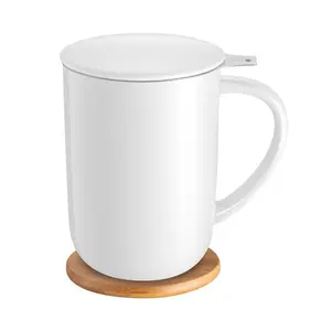 Summervibes 16 oz Porcelain (Ceramic) Tea Mug with Stainless Steel Infuser, Lid & Bamboo Coaster - Reusable, Washable, Dishwasher/Microwave Safe, Eco-Friendly - Ideal for Women’s Office/Home Use, Gift Option