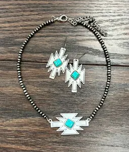 16" Aztec Turquoise Necklace Earrings Set