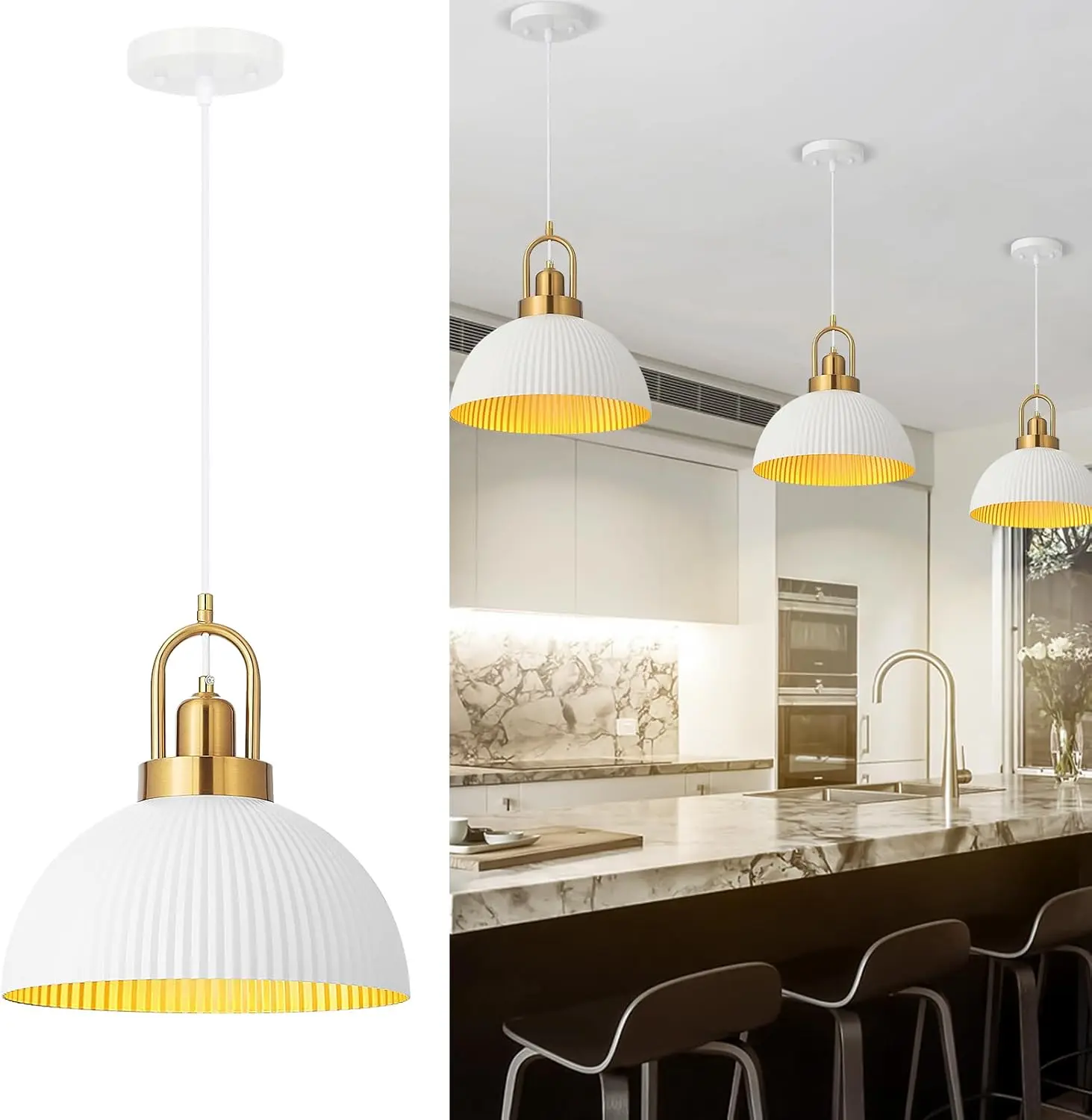 Pendant Lights Kitchen Island, White Metal Farmhouse Pendant Light Fixtures, 11.8" Industrial Modern Hanging Pendant Lights for Kitchen Island Dining Room Bedroom Cafe Bar (White/Gold, 1 Pack)