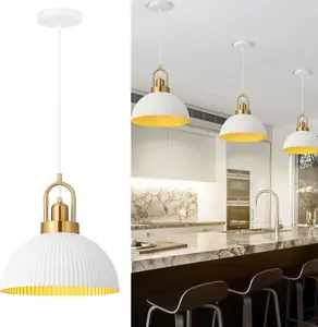 Pendant Lights Kitchen Island, White Metal Farmhouse Pendant Light Fixtures, 11.8" Industrial Modern Hanging Pendant Lights for Kitchen Island Dining Room Bedroom Cafe Bar (White/Gold, 1 Pack)
