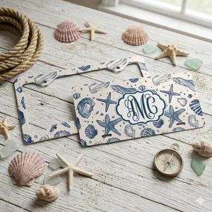 Custom Monogram License Plate & Frame Set, Personalized Nautical Sea Shell Car Decor, Ocean Beach Vanity Plate Gift for Him or Her