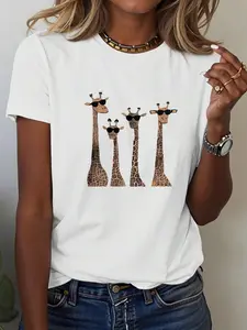 Giraffe Print Short Sleeve T-Shirt With Eyelashes For Casual Outfits For Clothes Graphic Cheetah Print Tees Women Tops For Summer And Spring