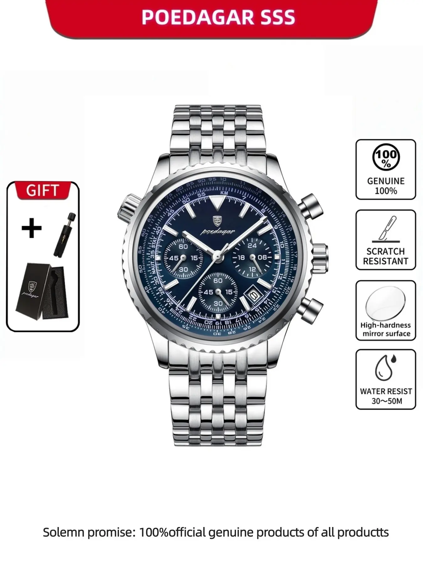 Poedagar Fashion Sports Men's Watches Waterproof Dwartproof Luminous Chronograph Date Man's Watch Stainless Steel Wristwatch Stainless Steel Quartz Luxury Men's Wrist Watch Analog Watch