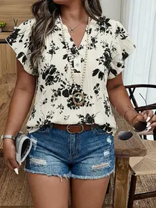 Plus Size Women's Vacation Vibes V-Neck Printed Blouse Shirt, Loose Short Sleeve Button Detail Top, Comfortable Daily Wear, Perfect for Leisure Travel