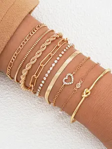 Women's 9-piece Set Chain Bracelet Set, Heart-shaped  Rhinestone Chain, Interlocking Buckle Stacked Bracelet, Stackable Bracelets,Simple and Versatile Bracelet Set,Creative Design for Daily Wear & Gift Giving,Casual Style Jewelry for All Seasons