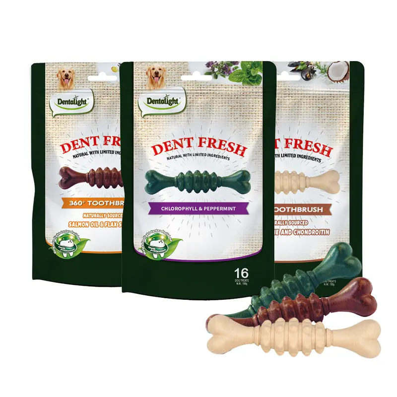 Dentalight - 360° Toothbrush Dog Chew Treat, Supports Oral Health, Fresh Breath, Remove Plaque, Vitamins and Minerals, Support Joint & Cartilage, 450g/3Pack（3 Flavors）