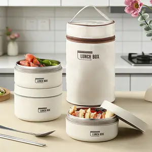 Portable Insulated Lunch Box Set - 3 Stackable Containers + 1 Insulated Bag, Microwave-Safe for Adults & Kids Stainless Steel Lunch Box Warmer