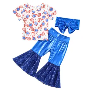 Toddler Baby Girls Summer Outfits Glasses Print Short Sleeve T-Shirts Tops Sequins Patchwork Flare Pants Headband 3Pcs Clothes Set
