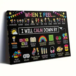 1 Piece Children's Emotion Regulation Chart with Coping Skills - Visual Aid Tool, Feelings and Calm Strategies Poster, Used for Management, Classroom/Bedroom, Wooden Frame and Color Coded Emotion Learning