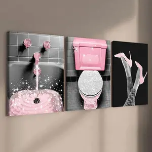 Wooden Framed Canvas Painting, 3 Counts/set Modern Bathroom Themed Wall Art, Wall Decor for Home Living Room Bedroom Office