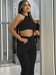 USBOUTIQUECHIC Women's Summer 2 Piece Outfit Set - Vibrant Sleeveless Cropped Top & Elastic Waist Wide Leg Pants - Perfect for Beach & Lounging