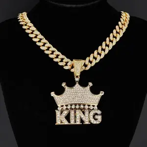 Men Hip Hop Crown King Pendant Necklace 13mm Crystal Cuban Chain Iced Out Bling Fashion Charm Jewelry