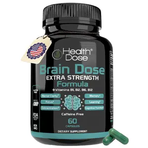 Health Dose Brain Dose Premium Nootropics - Mental Focus, Natural Energy & Vitamins - Caffeine-Free, 60-Count - For Men & Women. Healthcare Fitness