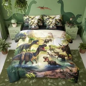 Dinosaur 7 Pieces Bedding Set,Wild Animals Comforter Bed Set,Boys Girls Kids Jungle Hunting Bed Bag with Flat and Fitted Sheet Trees Botanical Bed Set