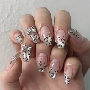 24pcs Medium Coffin Press on Nails French Leopard Print Gradient False Nails Cat Eye Sparkling Art Nais Silver 3D Blow Removable Fake Nails, Nail Art Design