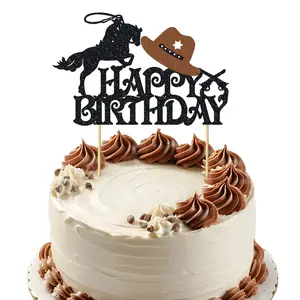1pcs Western Cowboy Cake Topper Glitter Cowboy Hat Cake Decorations Western Theme Happy Birthday Party Decoration for Cowboy Birthday Sign Birthday Decor Party Decor Party Supplies Cake Decorating