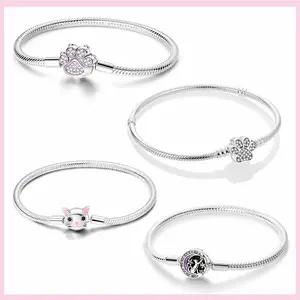 925 Sterling Silver Cat Paw Bracelet Original Dog Footprint Basic Chain Pink Zircon Charm Bracelets DIY Charms Jewelry 17-20CM