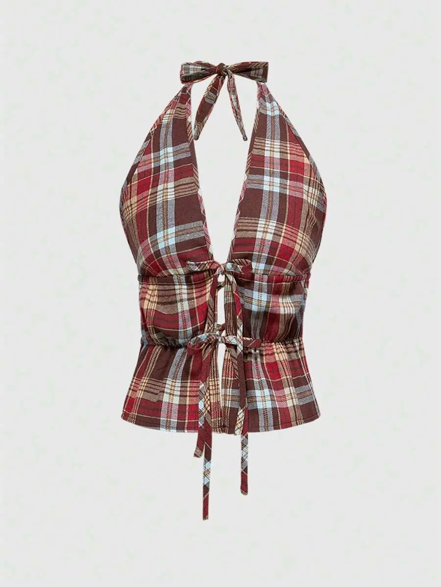 Women's Casual Retro Placket Button Checkerboard Design Halter Neck Tie Top