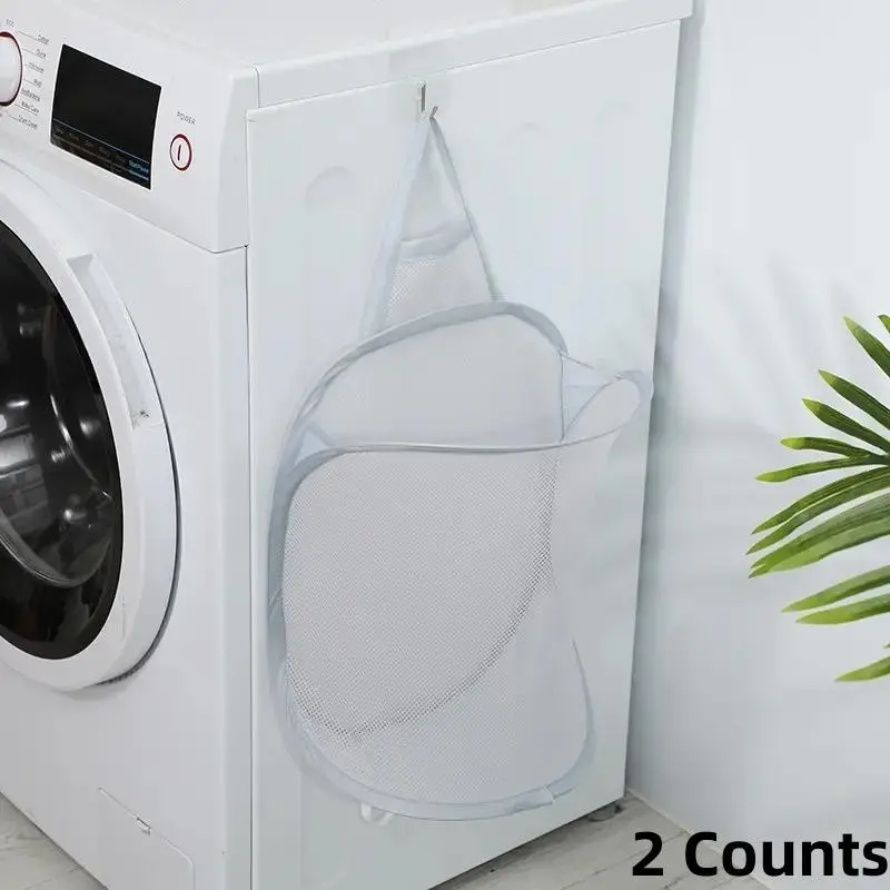 2 Counts Foldable Hanging Laundry Basket, Fabric Dirty Clothes Hamper, Wall-Mounted Storage Organizer For Bathroom