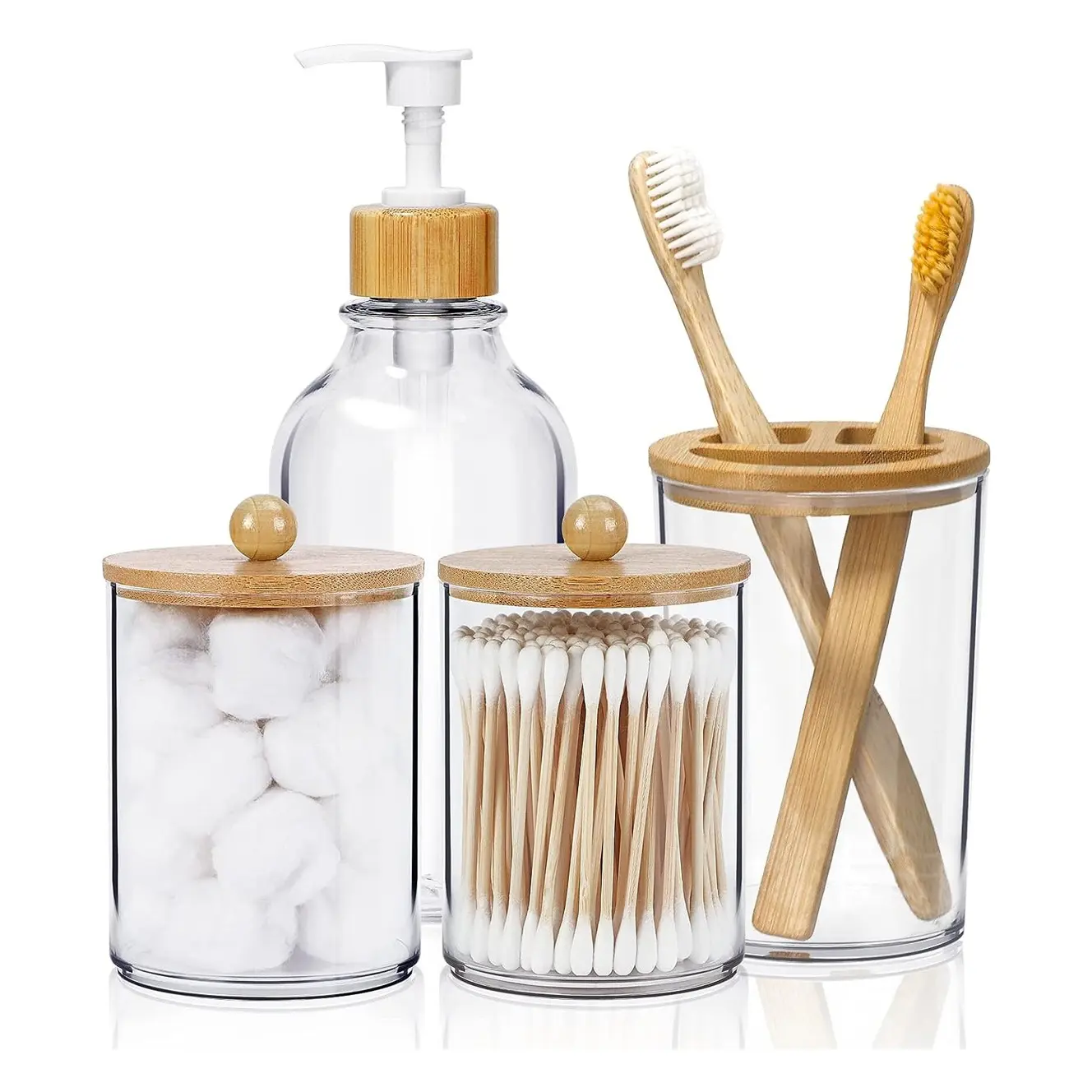 4pcs Boho Bathroom Decor, Bamboo Bathroom Container Accessories Set, Soap Dispenser, Toothbrush Holder, 2 Qtip Holder Jars, Boho Rustic Bathroom Decor  Waterproof Pack Accessory