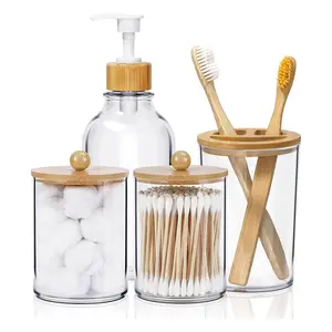 4pcs Boho Bathroom Decor, Bamboo Bathroom Container Accessories Set, Soap Dispenser, Toothbrush Holder, 2 Qtip Holder Jars, Boho Rustic Bathroom Decor  Waterproof Pack Accessory