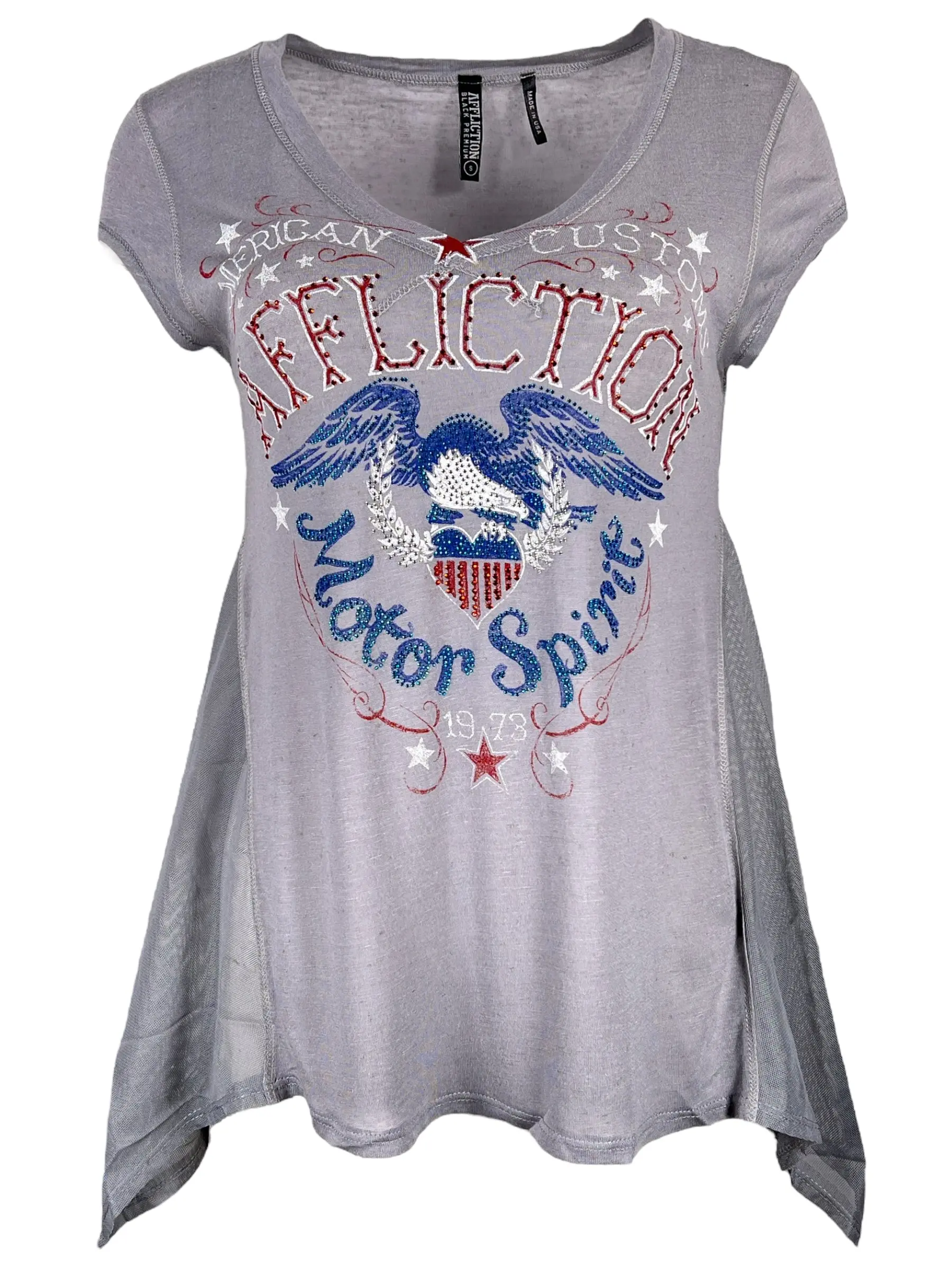 Affliction Women's Gothic V-Neck Cotton Shortsleeve Fitted Digital Print Pull-On T-Shirt - Roman-Inspired Fashion All-Seasons Casual Streetwear Top