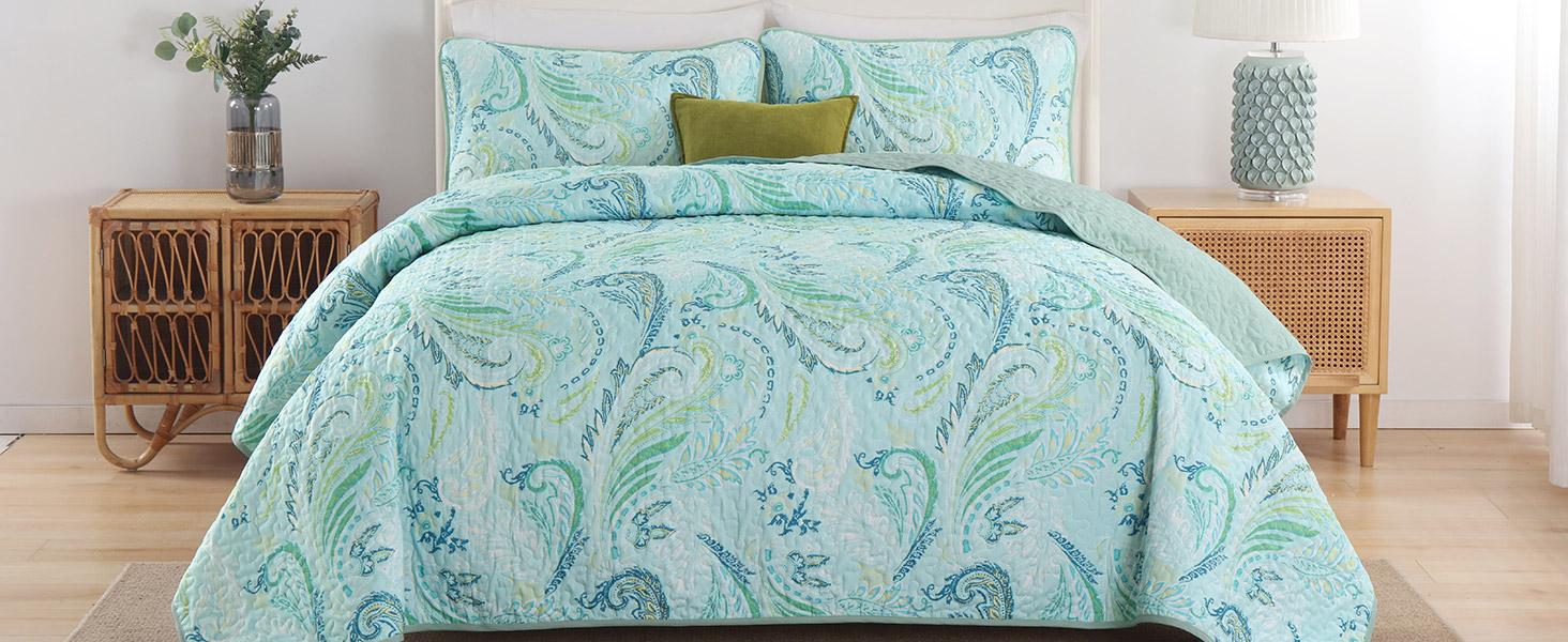 Paisley Set King Size,3 Pieces Boho Bedspread, Soft and Lightweight Microfiber Coverlet Bedding Set for All Season(110''x90'')