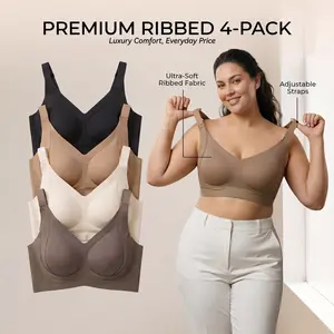 2/4PCS Seamless Jelly Push Up Bra Ribbed Wirefree Full Coverage Everyday Comfort Bralette with 4-Row Hook-and-Eye Plus Size Miracle Lift Cool T-Shirt Sleep Bras