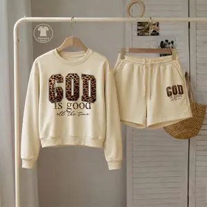 Women’s God Is Good Leopard Letter Graphic Crewneck Short Sleeve Sweatshirt & Shorts Set, Casual Matching Two Piece Outfit With Built-In Drawstring Shorts