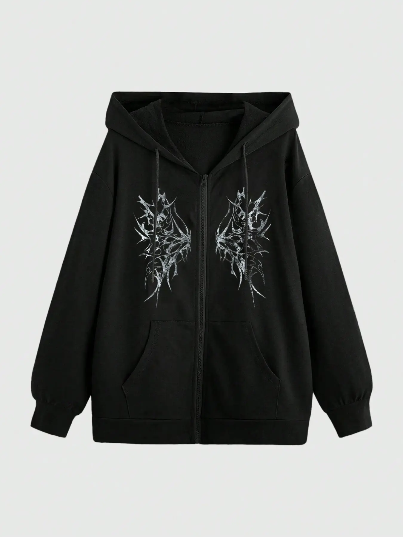 Women's Drawstring Zipper Cardigan with Pockets, Wing Print, Long Sleeve, Loose-Fitting, Fall & Winter Casual Sweatshirt