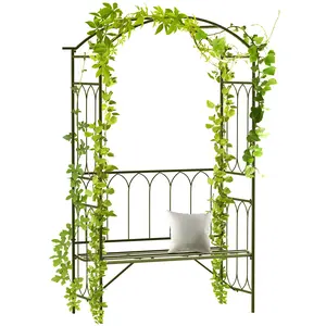 Outsunny Metal Trellis Arbor Arch for Climbing Plants with Garden Bench, Grow Grapes & Vines, Patio Decor & 2-Person Outdoor Steel Decorative Seating, 484 lbs. Weight Capacity, Black
