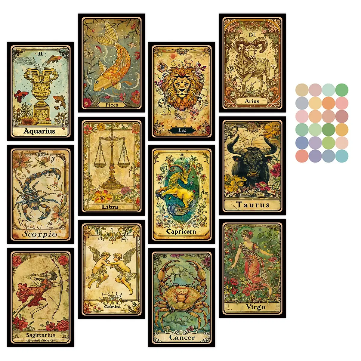 12pcs Vintage Tarot-Themed Postcards, Vertical Cards, Card Design, Zodiac Tarot Card Set Wall Art for Beginners and Collectors, Retro Room Decor for Festivals