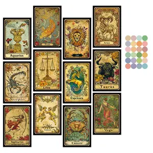 12pcs Vintage Tarot-Themed Postcards, Vertical Cards, Zodiac Tarot Card Set Wall Art for Beginners and Collectors, Retro Room Decor for Festivals