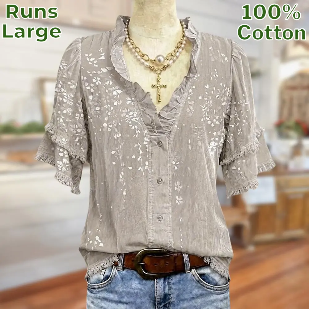 Sage Vell 100% Cotton Taupe/Blue/Green/Beige Floral Print Blouse Ruffle V Neck Button Front Fringe Layered Short Sleeve Loose Fit Casual Top For Daily Vacation Beach Office Wear