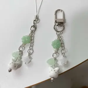 Handmade Four Leaf Clover Beaded Phone Charm Y2K Cute Ceramics Cat Backpack Keychain Bag Key Ring for Girls Christmas Gift