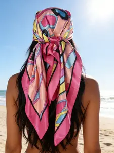 Boho Style Colorful Geometric Print Scarf, 90cm Fashionable Vacation Accessory, Casual Headscarf Wrap for Women