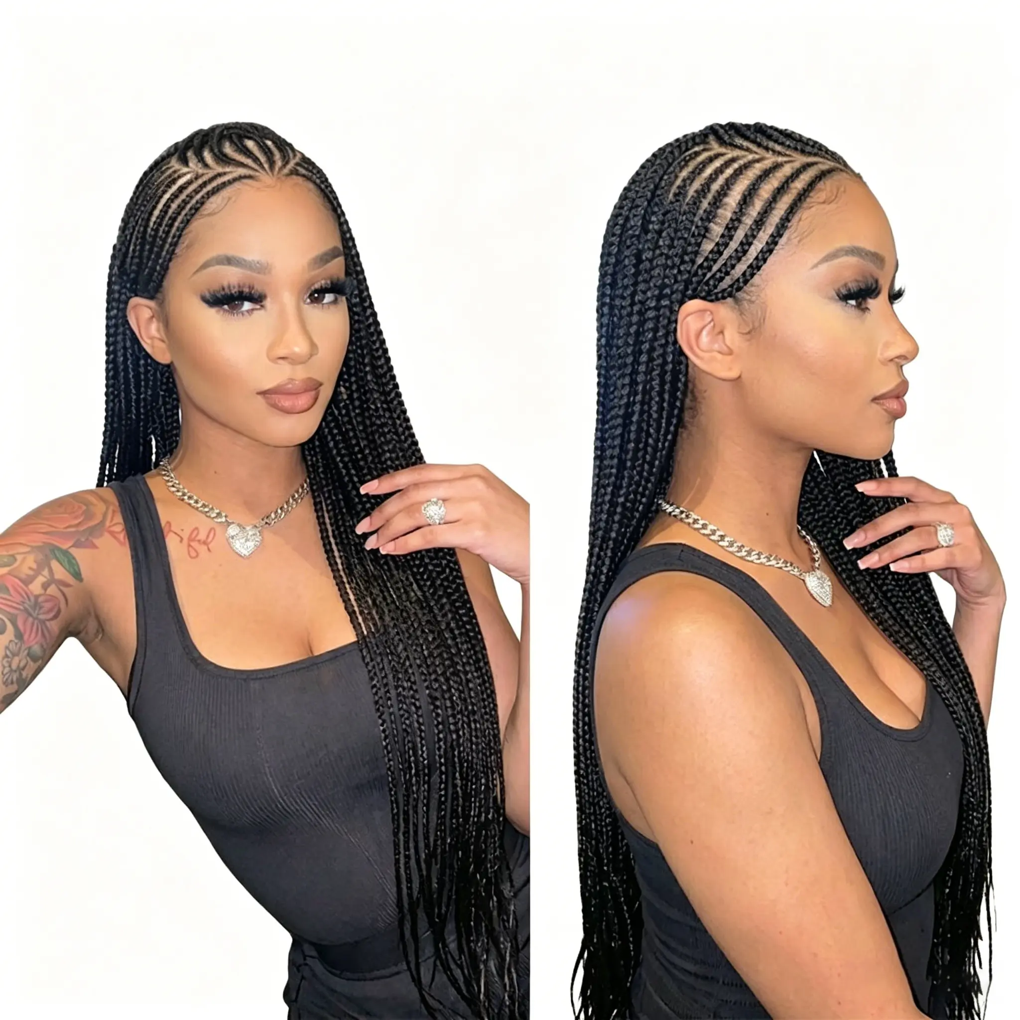 Synthetic Full Lace Cornrows Braids Wig Handmade Goddess Fulani Braiding Wigs 36Inch Knotless Box Braided Wigs For Black Women Goddess Braiding Hair Wigs