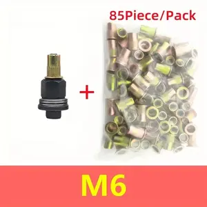 86-piece bagged rivet nut tool set, including 1 piece of M6 rivet nut head + 85pcs M6 rivet nuts. This manual simple rivet nut tool is a hand-operated tightening nut head, easy-to-use rivet gun, suitable for thin iron sheet processing.