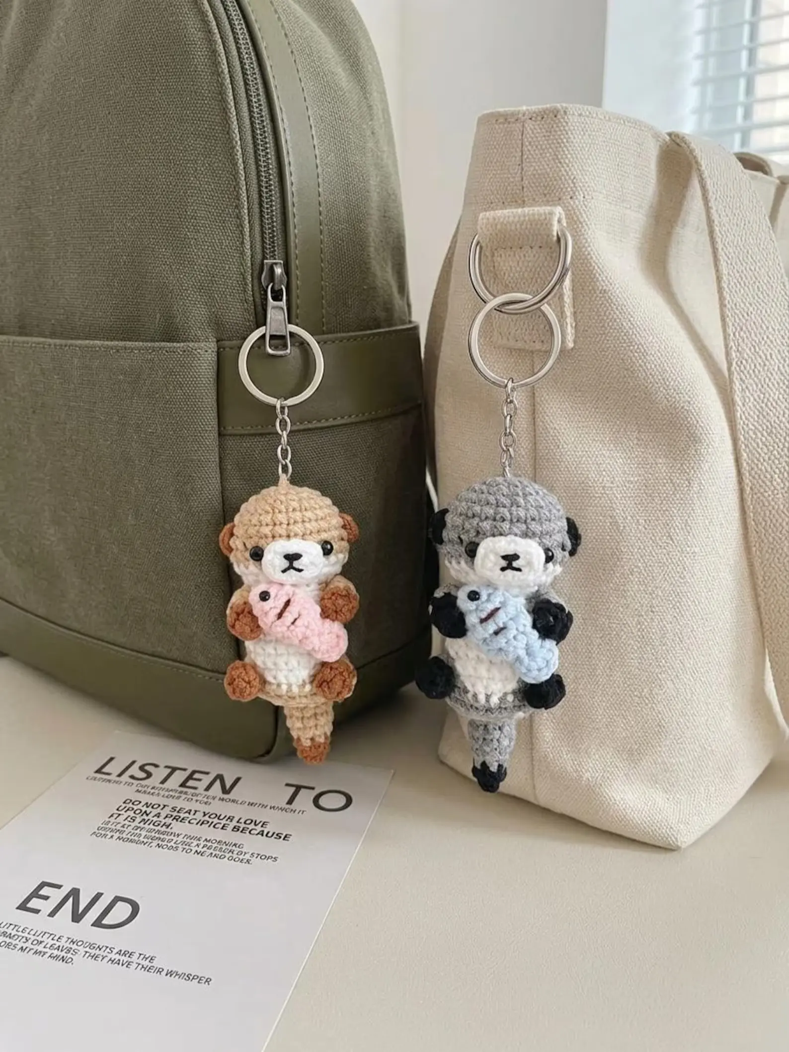 Crochet Otter Plushie with Fish – Handmade Amigurumi Otter Keychain, Cute Sea Animal Gift, Otter Couple Toy Charm, Crochet Keychain, Gift