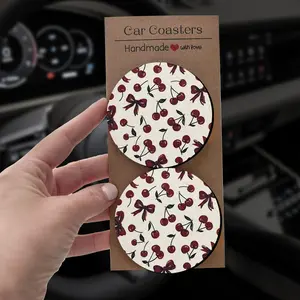 Cherry Girl Era Car Coasters, 2/4 Pcs Coquette Bow Design, Fashionable Drink Holder, Perfect Gift, Stylish Automotive Accessory