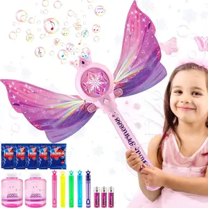 Pincess Bubble Wands for Kids Girls - Bubble Machine with 7 Bubble Solutions & 3 AA Batteries, LED Light & Music