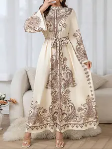 Women's Bohemian Floral Print Maxi Dress Stand Collar Lantern Sleeve with Belted Waist, Arabian LongDress, Islamic clothes, Classy Modest Dresses, Vacation, Daily Wear, for All Seasons