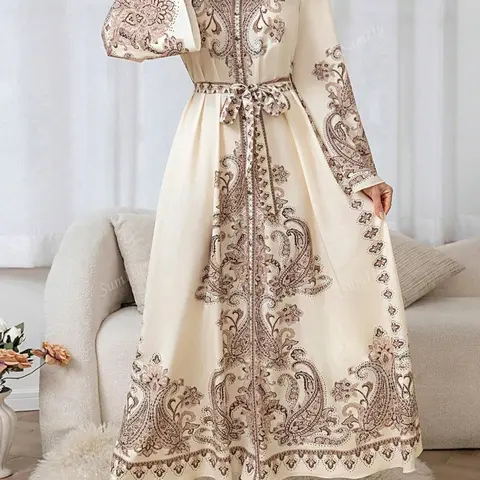 Women's Bohemian Floral Print Maxi Dress Stand Collar Lantern Sleeve with Belted Waist, Arabian LongDress, Muslim Dress, Islamic Muslim Clothing, Islamic clothes, Islamic Modesty Clothes, Classy Modest Dresses, Vacation, Daily Wear, for All Seasons