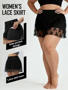 Plus Size Layered High Waist Lace Pattern Skirt, Bottom, Pocket Shorts Design, Mesh Details, Sparkling Back-To-School Style
