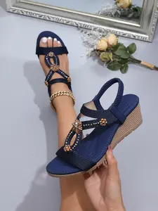 Women's wedge sandals comfortable open toe woven sandals adorned with flowers and rhinestones ankle strap design 2.36-inch mid heel elegant and versatile perfect for summer outfits